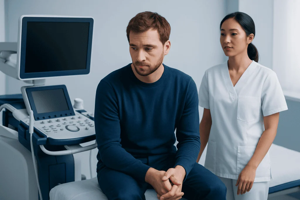 Man in a medical consultation with a healthcare professional at a hospital.