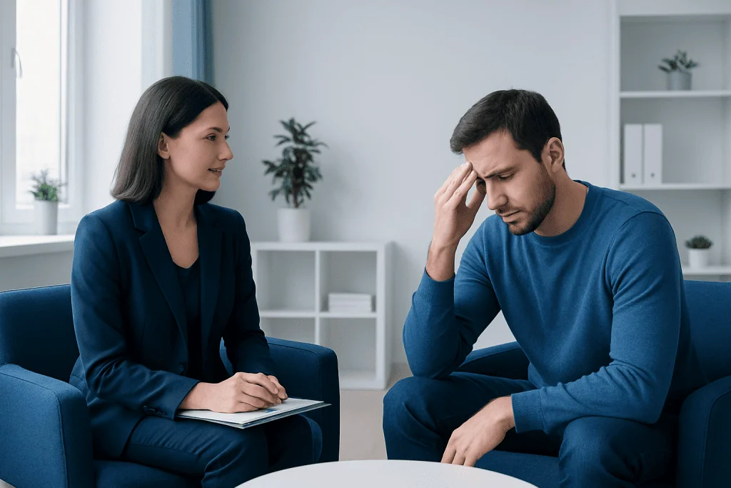 Man experiencing headache during mental health counseling session.