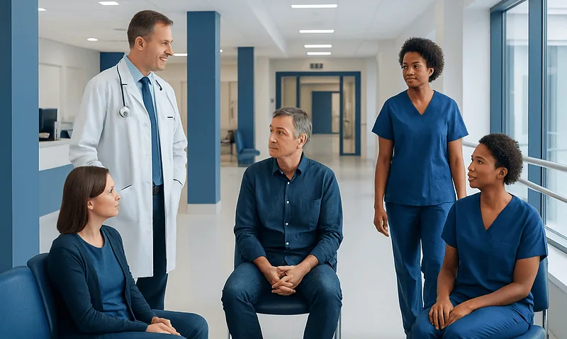 Medical team consulting with patient in hospital corridor.