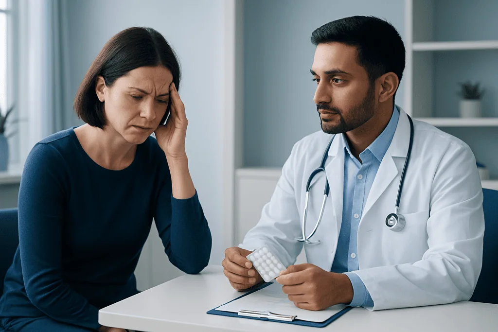 Doctor consulting with a woman patient about migraine treatment options.