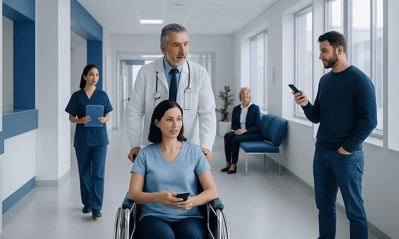 Medical team consulting with patient in hospital corridor during medical travel.