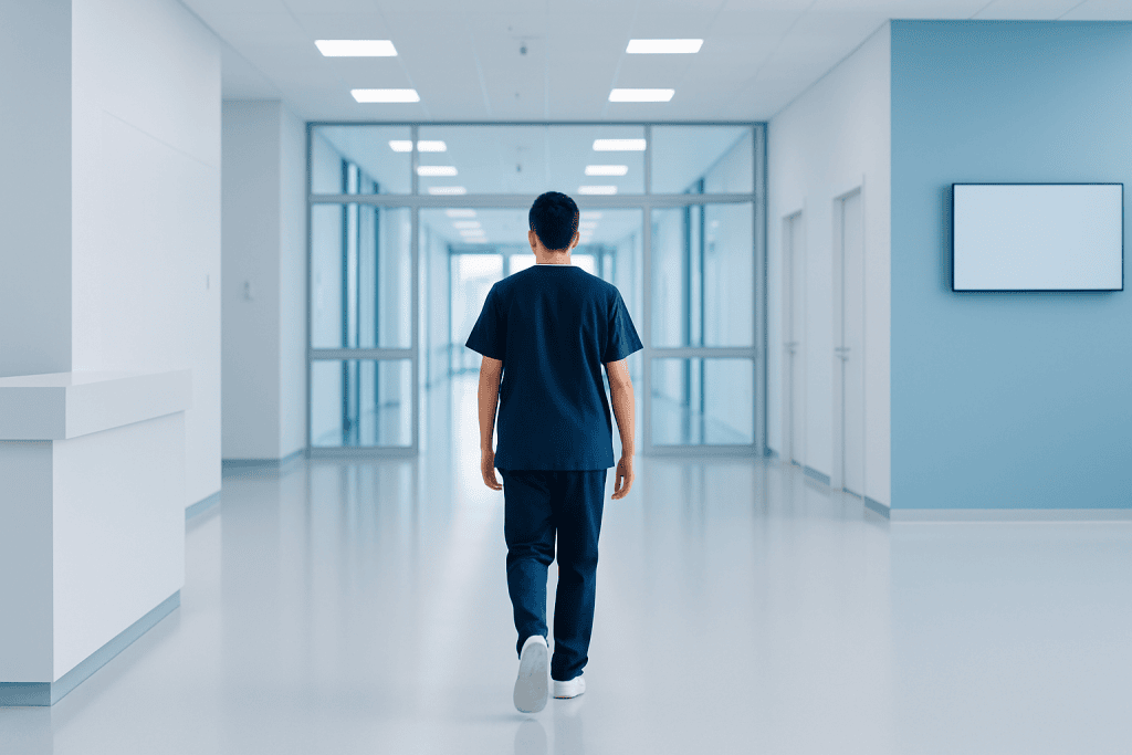 Why More Americans Are Researching Immunotherapy with Safer Recovery Support 1 Young male healthcare professional walking in hospital corridor.