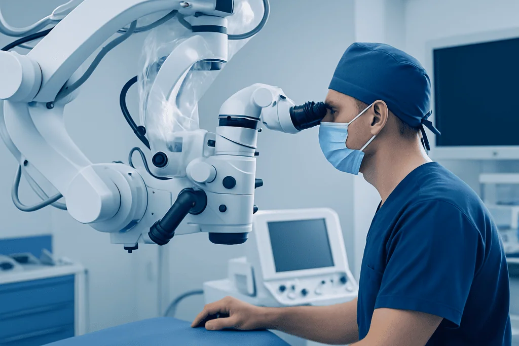 Surgeon using a microscope during neurological surgery at Acibadem Hospital.