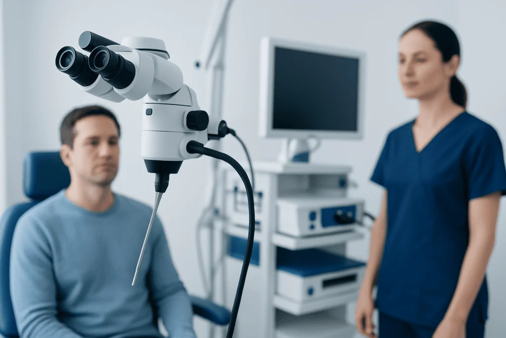 Medical professional examining patient with microscope in clinic setting.