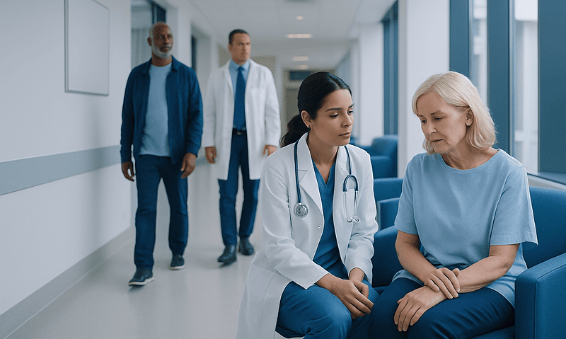 Doctor consulting elderly patient about post-surgery numbness in hospital corridor.
