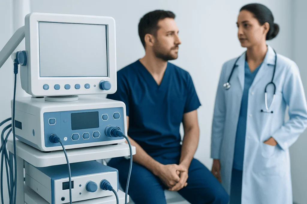 Medical consultation with patient and doctor in hospital room.
