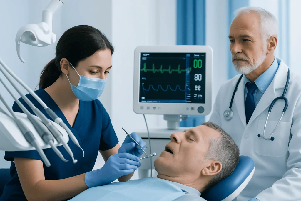Dentist performing oral exam on elderly patient in clinic setting.