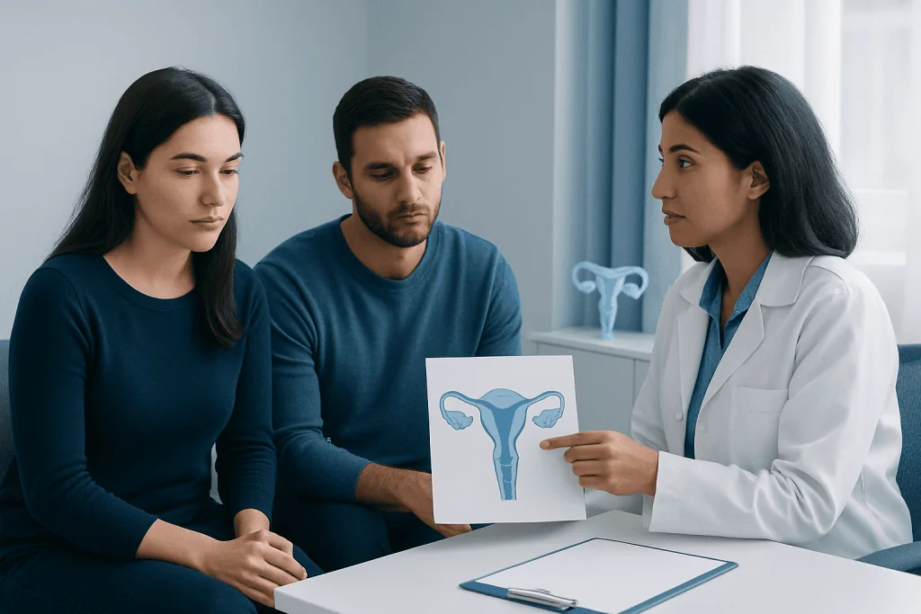 Doctor explaining fertility issues to a couple with uterine diagram.