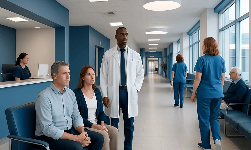 Medical staff and patients in a hospital corridor at Acibadem Hospitals Group.