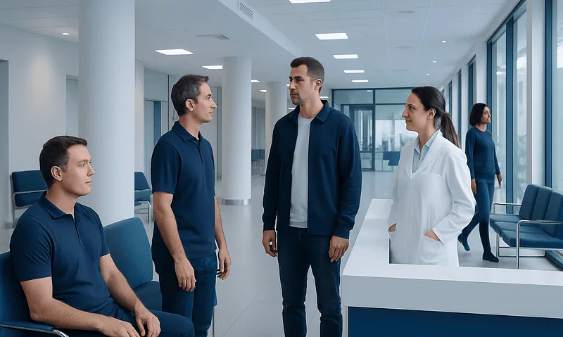 Hospital staff and patients in a modern medical facility.