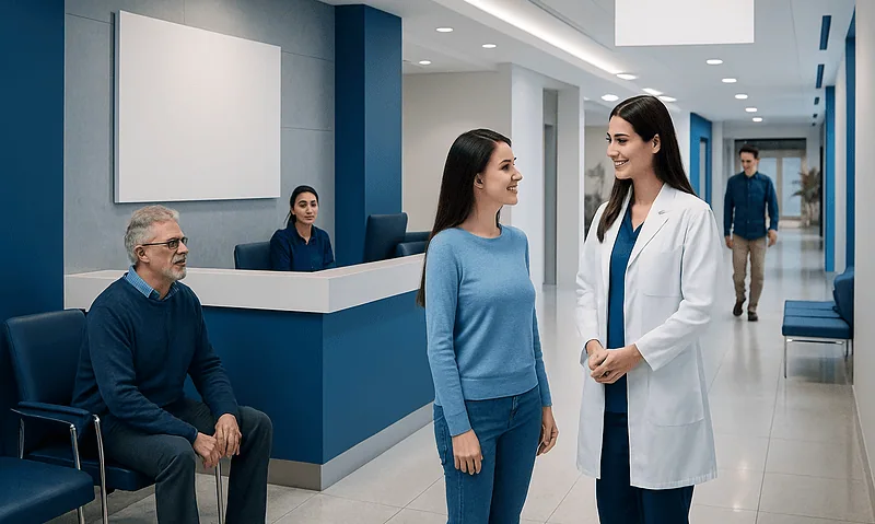 Hospital reception area with staff and patients engaging in conversation.