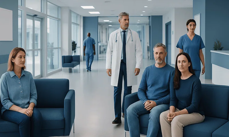 Medical consultation in a modern hospital with patients and doctors.