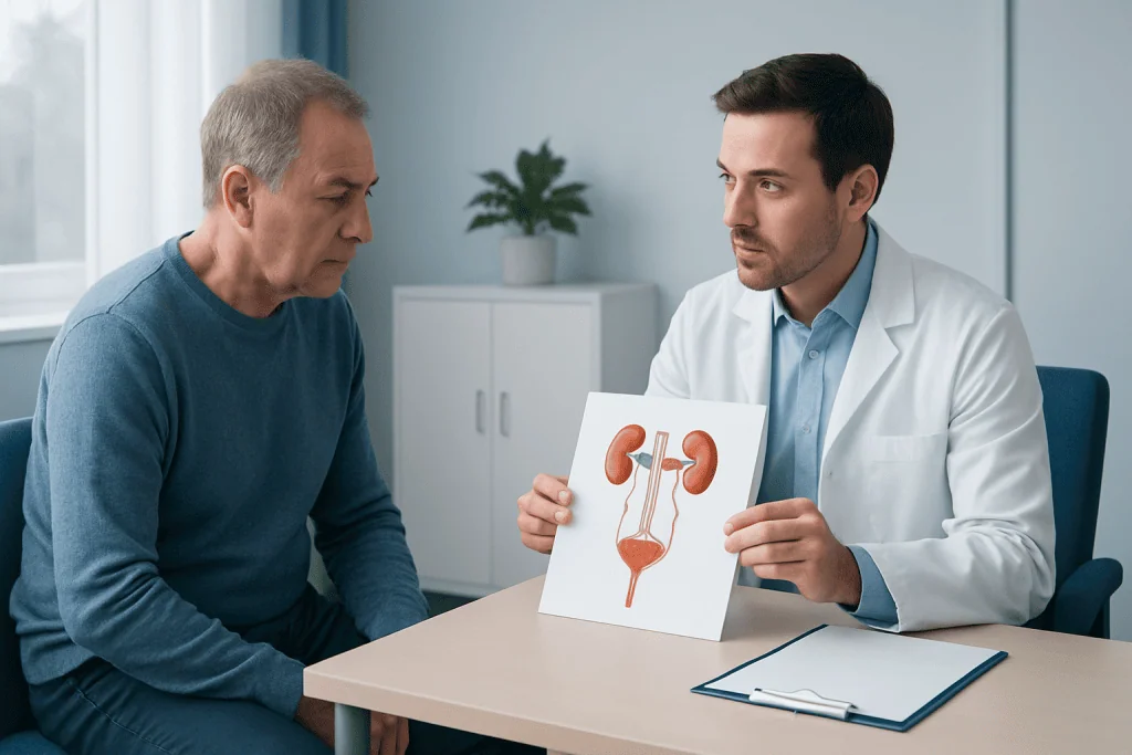 Urologist explaining kidney anatomy to patient after ESWL treatment.