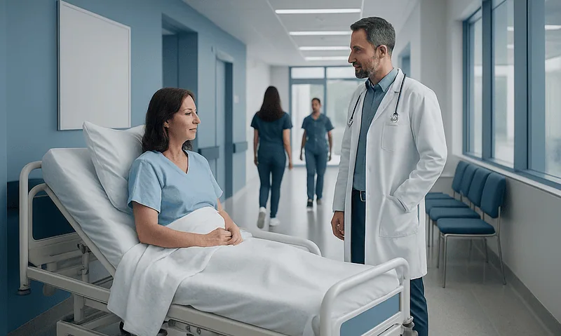 Doctor consulting patient in hospital room with medical staff in background.