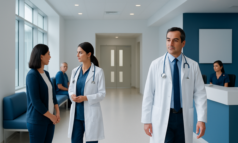 Medical professionals discussing patient care in a hospital corridor.