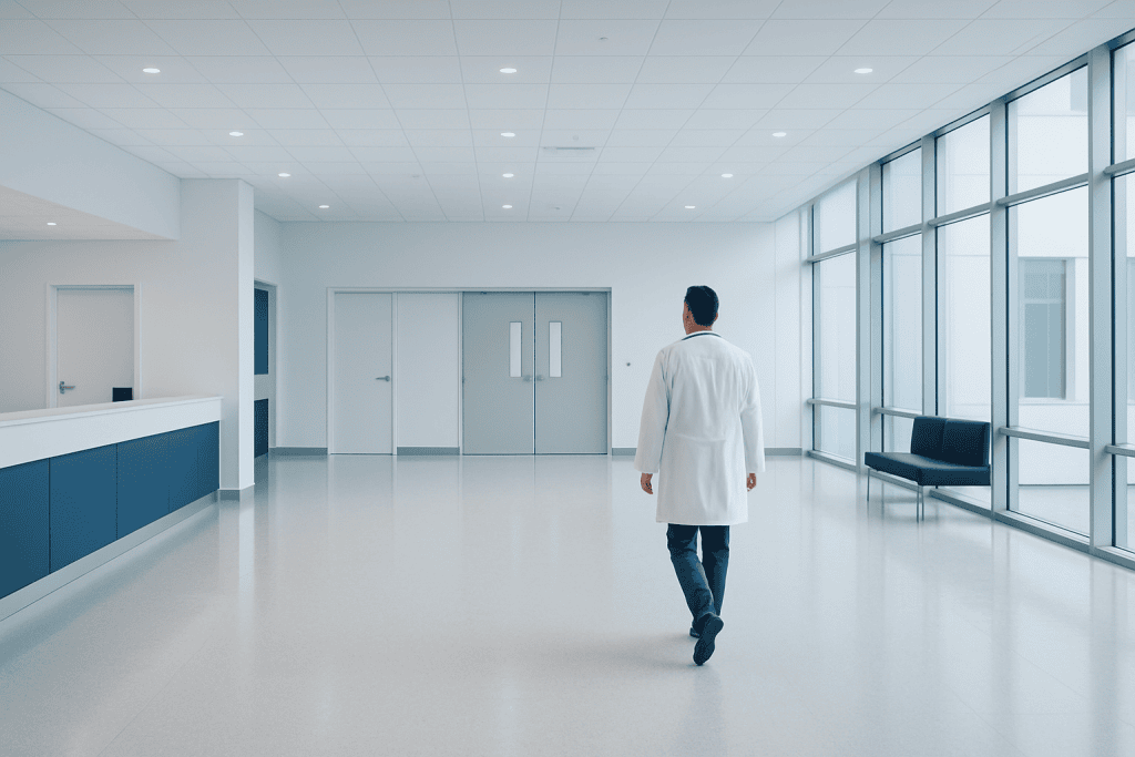 Why Patients Are Finding New Hope Through Non Surgical Facelift with Personalized Care 1 Empty hospital corridor with large windows and a doctor walking away.