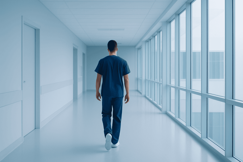 Why Patients Are Finding New Hope Through Organ Donor Matching Using Evidence Based Medicine 1 Young male healthcare professional walking in hospital corridor with large windows.