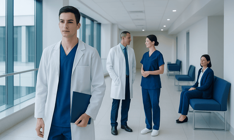 At Acibadem, What International Patients Should Know About Acibadem University and Medical Training 8 Medical professionals in a modern hospital corridor with large windows.