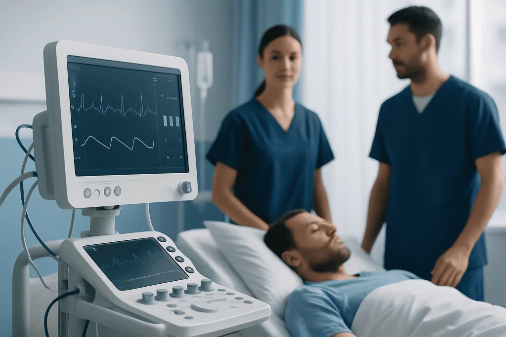 Medical professionals monitor patient with ECG machine in hospital room.