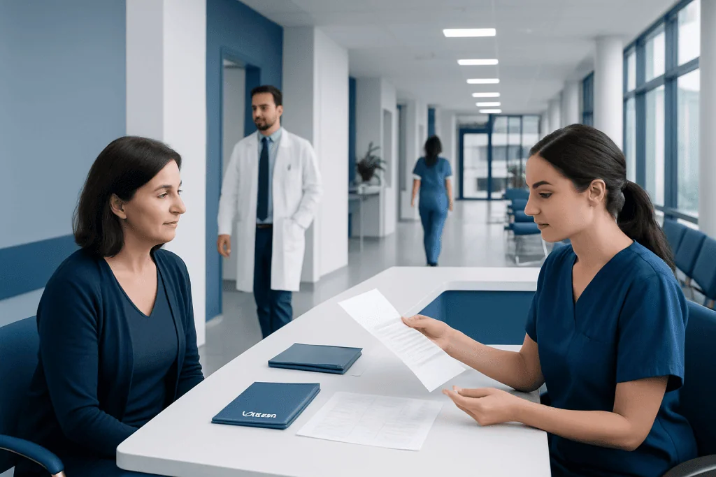 At Acibadem, How We Explain Deposits, Payment Steps, and Billing Documents 1 Hospital staff discussing billing and payment procedures with a patient.