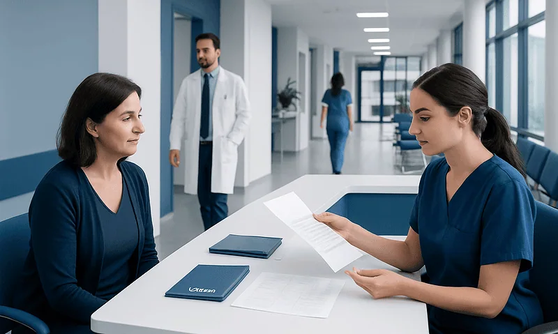 Hospital staff discussing billing and payment procedures with a patient.