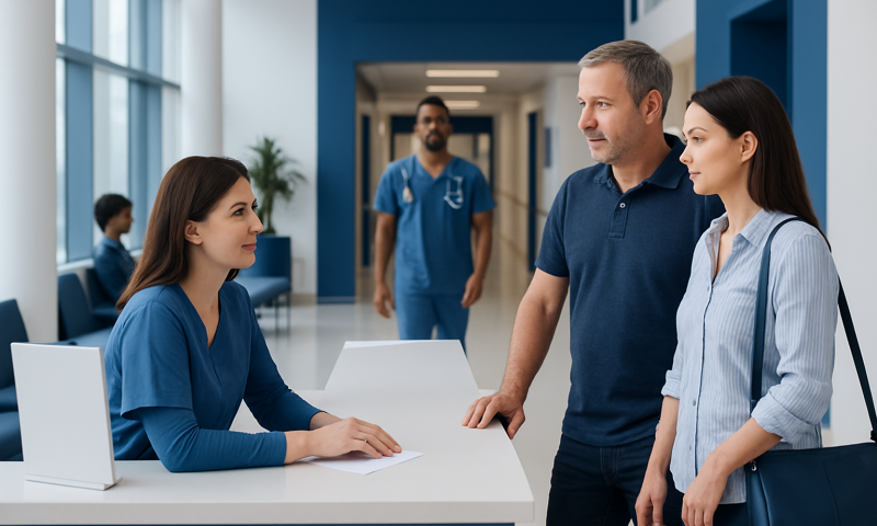 Patients and staff at Acibadem Hospital reception desk.