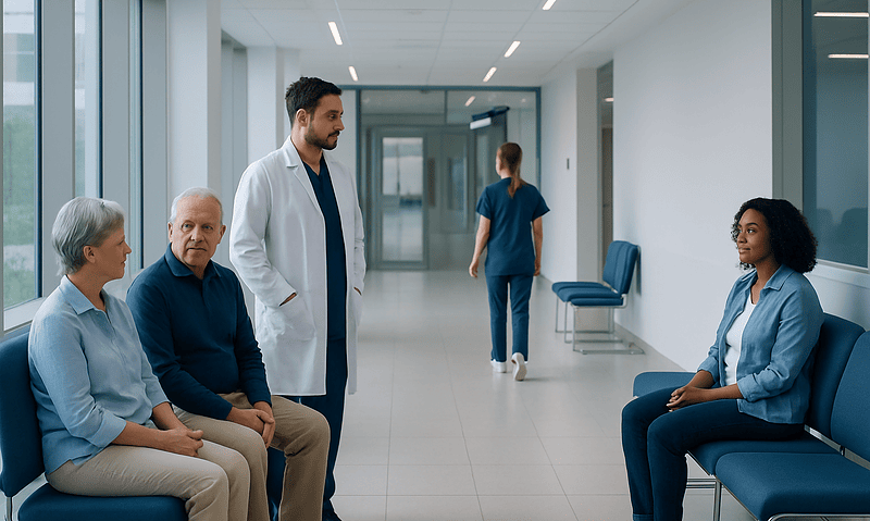 Doctor consulting with elderly patients in hospital corridor.