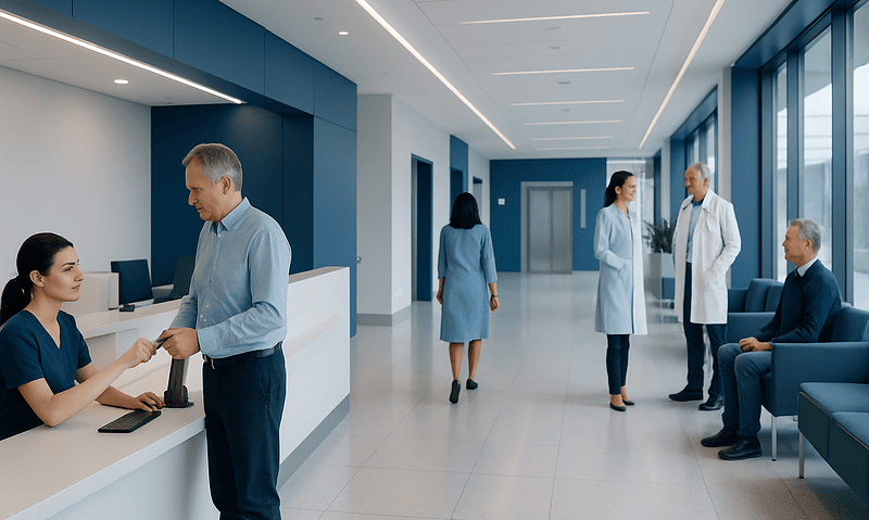 Patients and staff in a modern hospital reception area at Acibadem Hospitals Group.