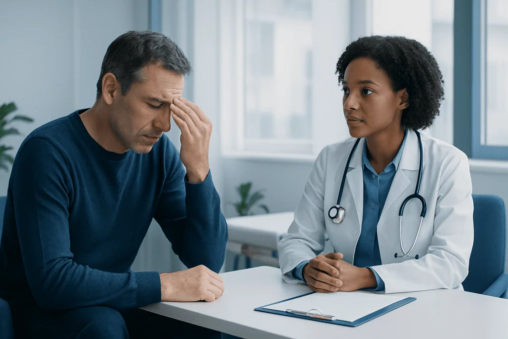 Patient consulting with a doctor about persistent headaches in a medical office.