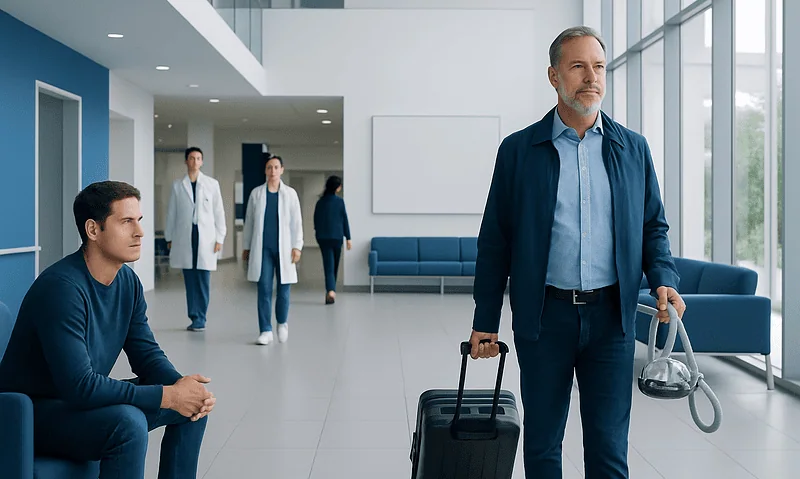 Travelers with luggage in a modern hospital lobby at Acibadem Hospitals Group.