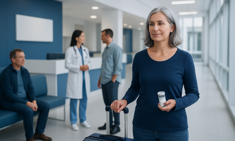 Middle-aged woman with gray hair at airport holding medication and luggage.