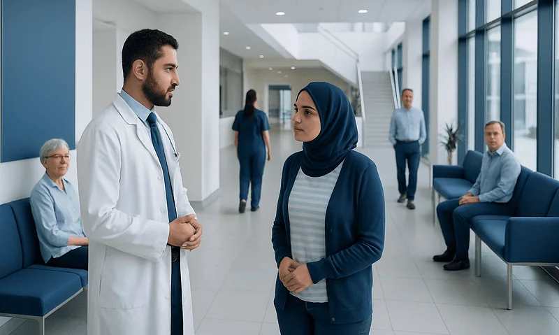 Doctor and patient conversing in hospital lobby with other patients nearby.