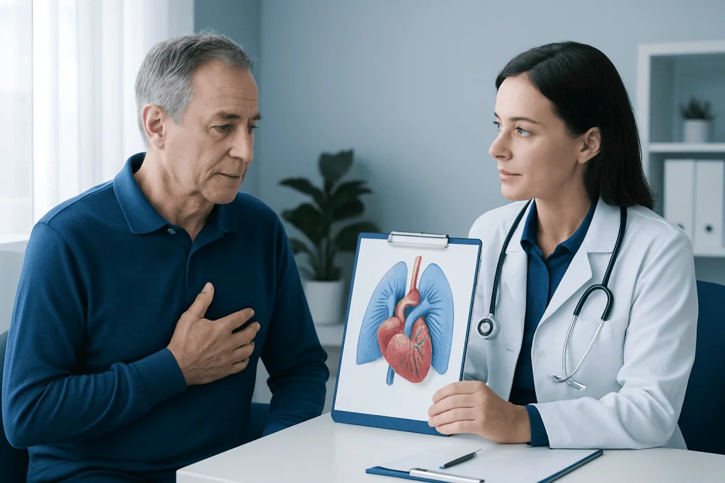 Doctor explaining heart diagram to patient in a medical consultation.
