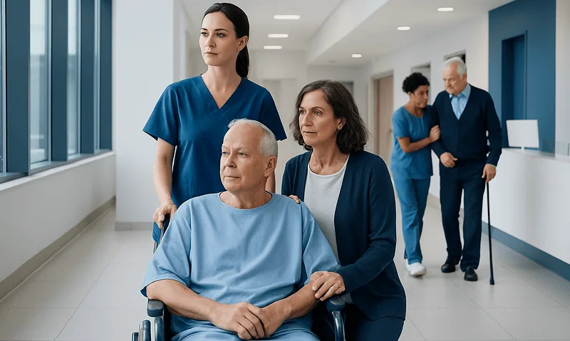 Hospital staff assisting elderly patient with family in a modern hospital corridor.