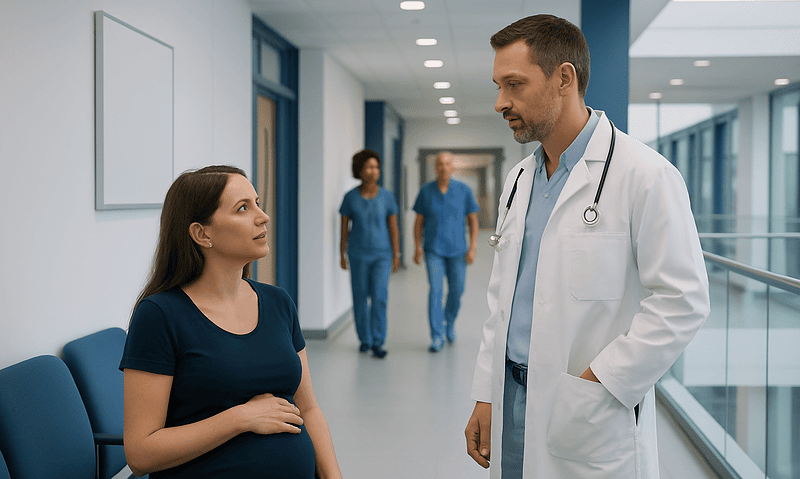 Pregnancy Testing Before Surgery or Imaging in Turkey 6 Pregnant woman consulting with a doctor in a hospital corridor.
