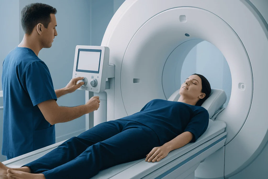 Patient lying in MRI scanner with technician operating the machine.