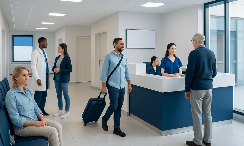 Traveling to Turkey with Regular Prescriptions: How to Pack and Document Your Medicines 4 Patients and staff in a modern hospital reception area.