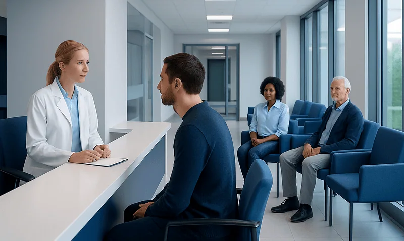 At Acibadem, How to Prepare Your Questions Before You Speak With Our International Team 5 Patients consulting with a healthcare professional at Acibadem Hospital reception desk.