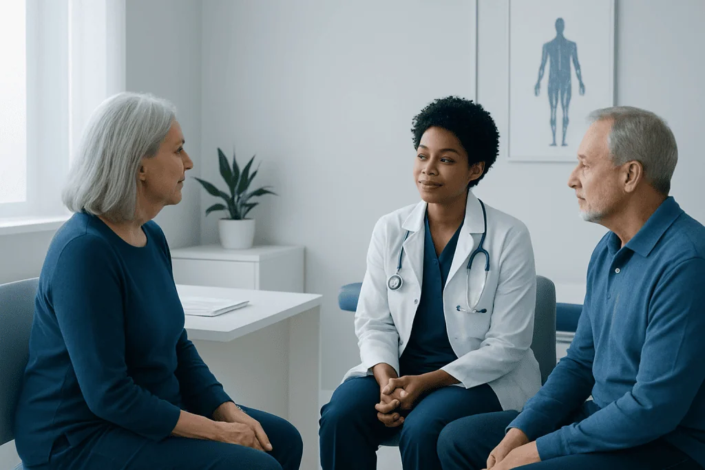 Doctor consulting with elderly patient and caregiver in a medical office.