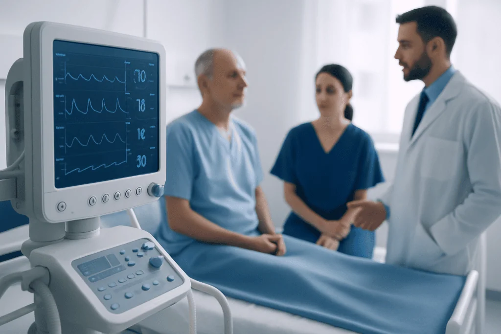 Medical team consulting patient in hospital room with monitoring equipment.