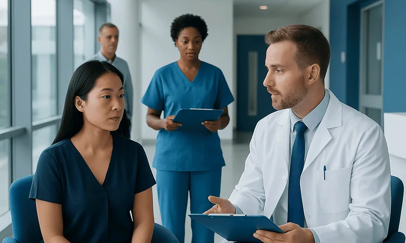 Medical team discussing patient privacy and consent at hospital.