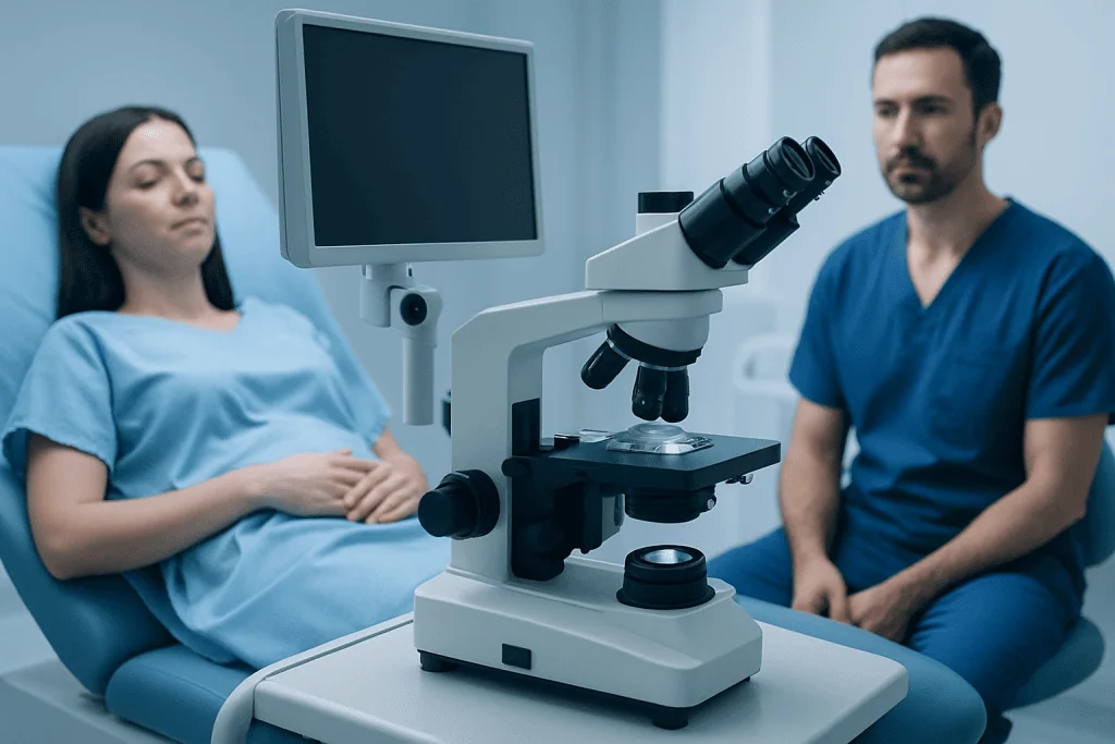 Fertility specialist and patient in a medical examination room with a microscope.