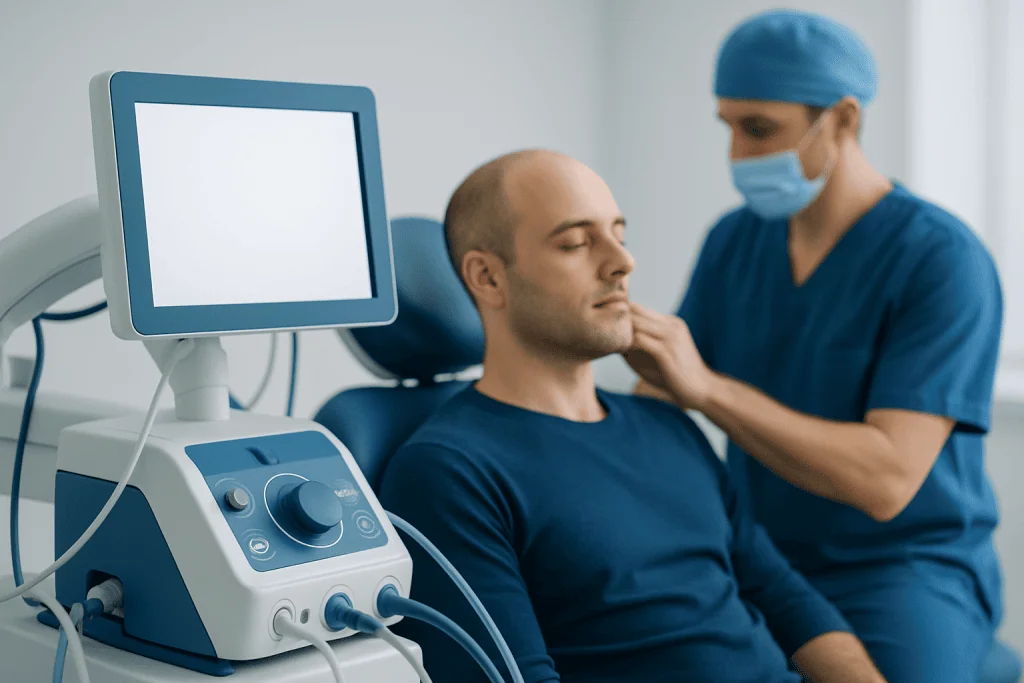 Patient undergoing hair transplant consultation at Acibadem Hospital in Turkey.