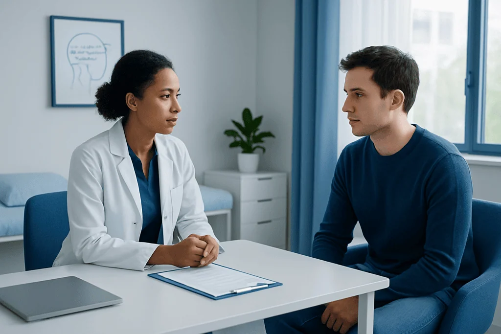 Doctor consulting patient during sleep study assessment at hospital.