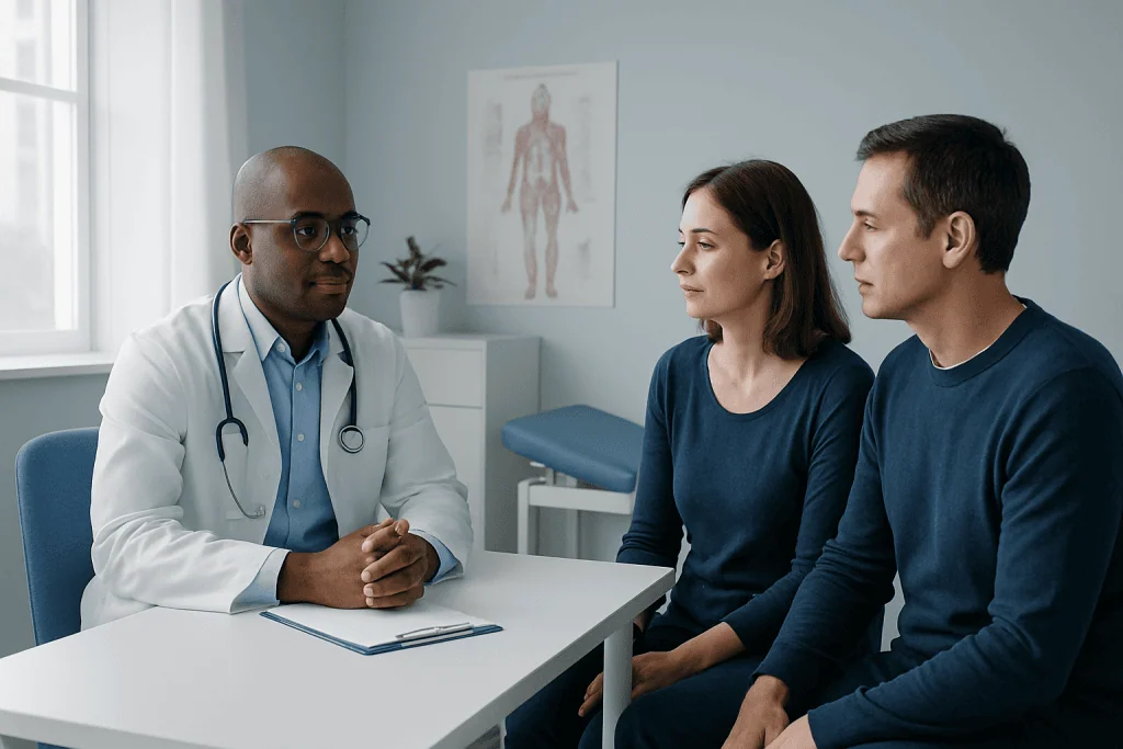 Doctor consulting with a couple in a medical office setting.