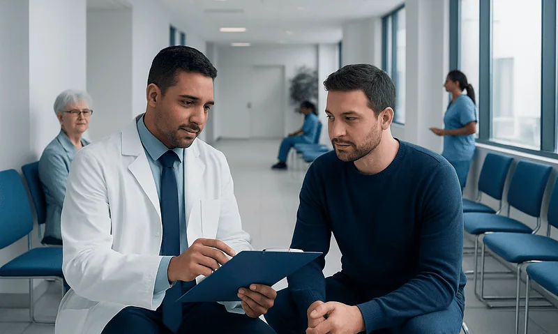Doctor consulting with patient in hospital waiting area.