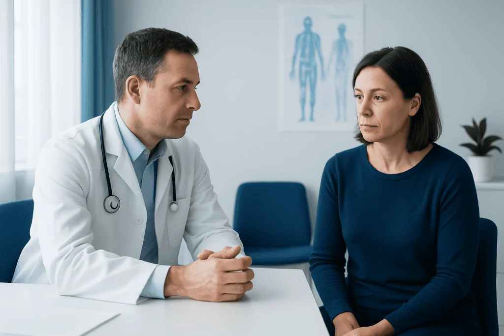 Doctor consulting with a female patient in a medical office.