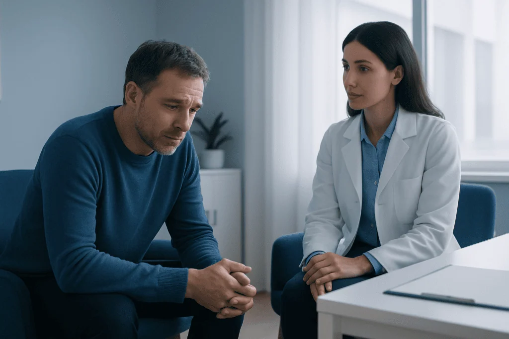 Man in therapy session with healthcare professional discussing recovery.