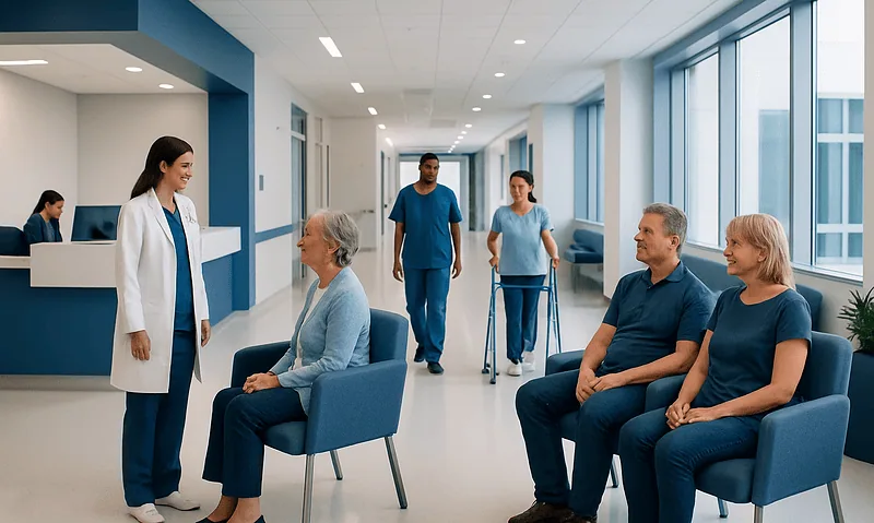 Patients waiting in a hospital corridor with medical staff and nurses.