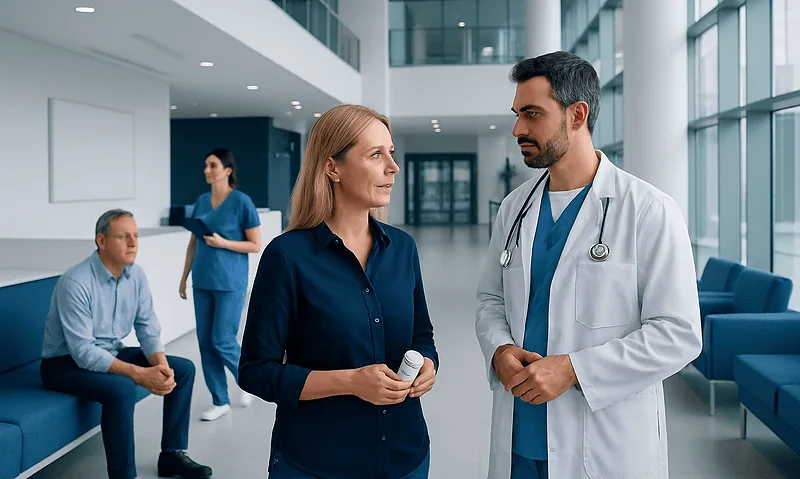How to Handle Prescription Refills During Treatment in Turkey 5 Doctor talking to a female patient in a modern hospital lobby.